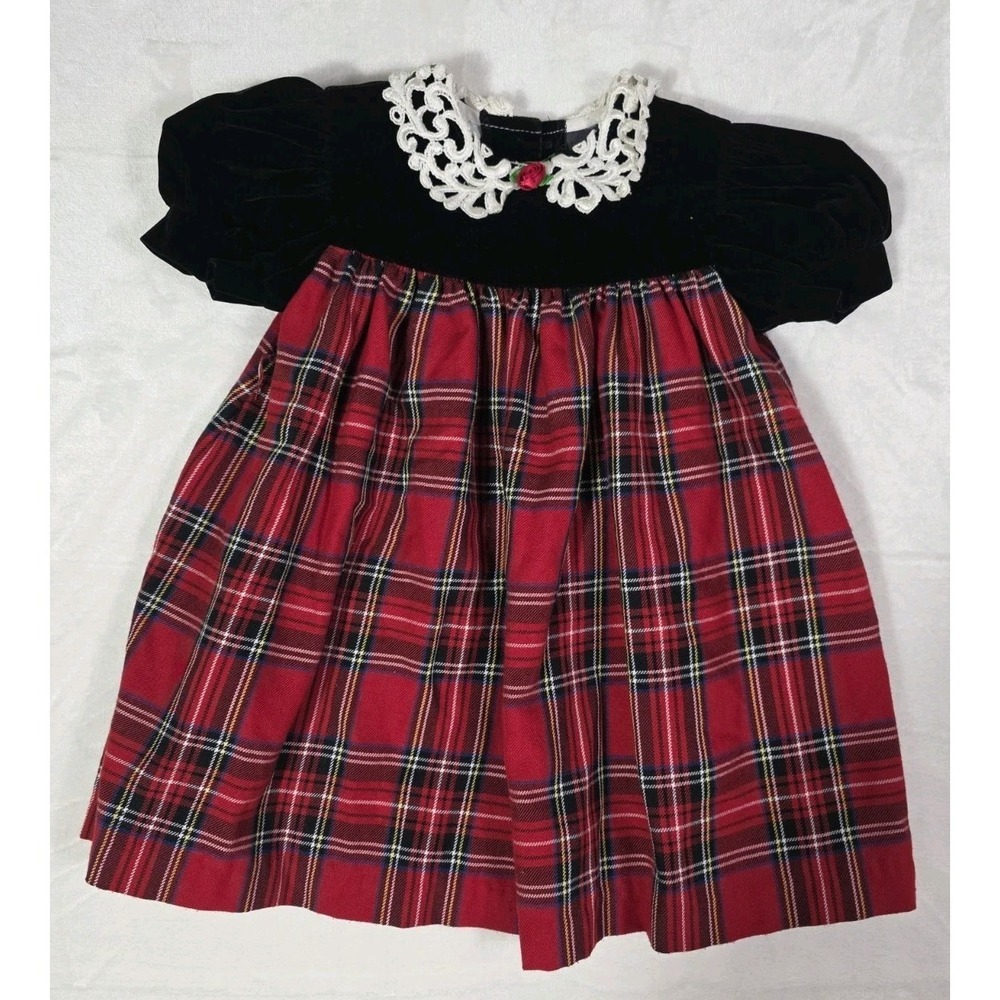 Vintage 90s Jo Lene Toddler Girls Plaid Velvet Holiday Dress Size 2T USA